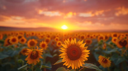Obraz premium A breathtaking sunset over a vast field of sunflowers. The sun, positioned near the horizon, casts a golden hue over the scene, illuminating the sunflowers' vibrant yellow petals and dark brown center