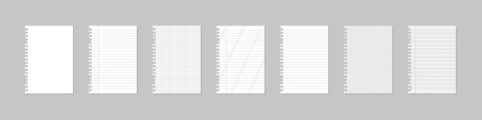 Paper sheets set. Notebook or book page, sheets from notebook. Vector illustration.