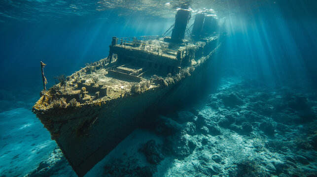 A large shipwreck submerged in deep blue waters. The ship, which appears to be an old steamship, is partially covered in rust and marine growth