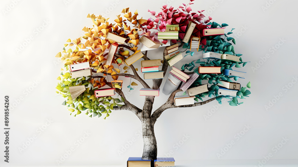 Poster International literacy day concept with tree with books like leaves. Literacy, education, knowledge concept with color books on tree on white background