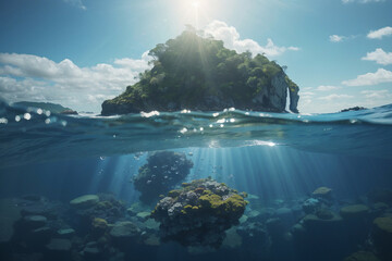Stunning Tropical Island and Coral Reef Underwater View