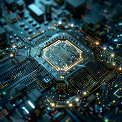 Obraz premium computer circuit board motherboard neon lights powerful fast running system protocol golden storage information intelligent cybersecurity software malware advanced futuristic