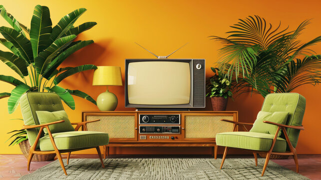 Classic TV from the 70s or 80s decorates a retro style room with African-style furniture. It has a blank screen for designers to add text or images, evoking the idea of modernization and technology.