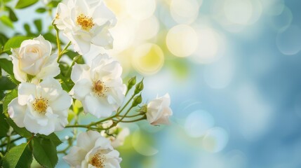White Roses in Bloom Against a Blue Sky