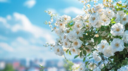 Obraz premium White Roses Blooming Against a Blue Sky