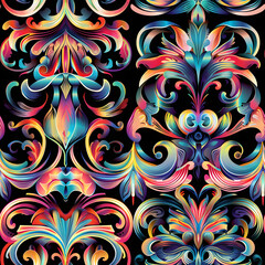 Obraz premium Colorful baroque pattern forming abstract floral shapes on black background