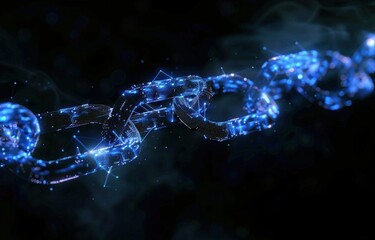 Digital blue hologram of a chain on a black background, blockchain technology concept.