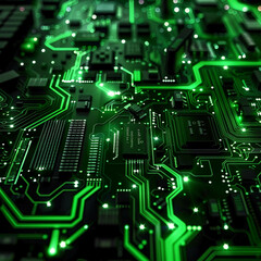 Fototapeta premium green themed chip cybersecurity motherboard nano circuits processors buttons neon lights 