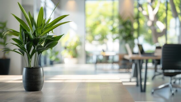 A blurred background of an open office with desks and chairs, green plants in vases on the tables.