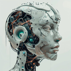 Fototapeta premium robot side profile white metal gears wires neon inner ear canal screws bolts facial features humanoid android 
