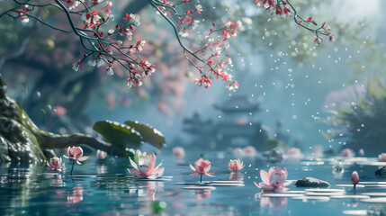 close up of plants on a lake with a pagoda in the background