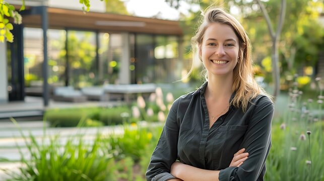 Professional woman in casual clothes smiling at the camera with a garden design project background showing her proficiency in landscape architecture and creative outdoor planning