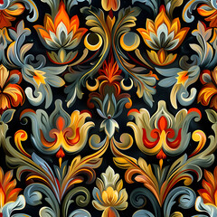 Colorful floral pattern with tulips and moon shapes on dark background