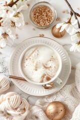 A serene photograph of a rose gold pen on a white marble desk, elegant and refined, top-down view.