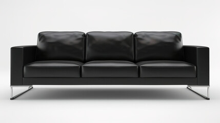 A black leather sofa with chrome legs sits on a white background.
