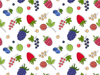 Berry Mix colorful seamless Pattern. Doodle drawn Strawberry, Blackberry, Raspberry, blueberry, currant, gooseberry. Summer berry fruit background. Pattern for Food packaging design, menu
