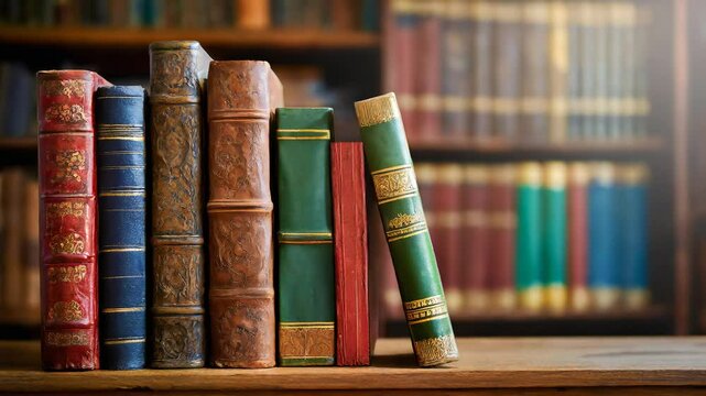 Close front view of some antique books in shades of red, blue, brown, and green, standing on a wooden table with their spines facing forward in a classic-looking library ambience