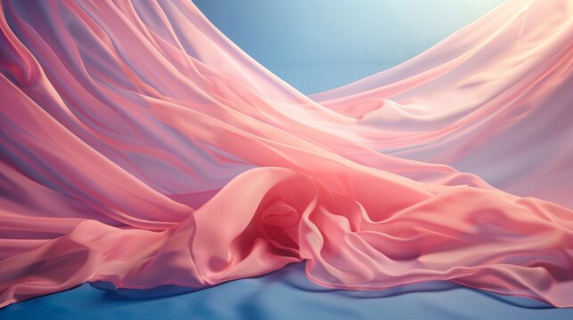 Flowing pink fabric draped elegantly on blue background