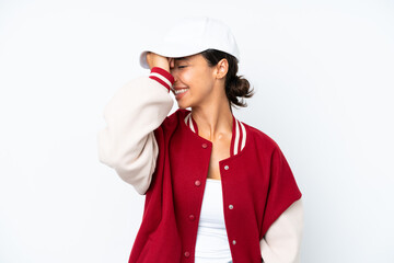 Young hispanic woman wearing a baseball uniform isolated on white background has realized something and intending the solution