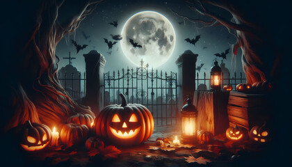 Fototapeta premium Halloween creepy pumpkins and graveyard theme illustration