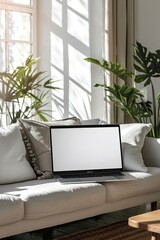 Laptop computer with empty blank mockup screen over white modern living room design. Home office, workplace, working or studying from home, distance learning, business, Generative AI