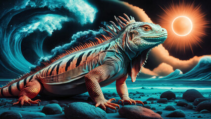 Fototapeta premium Majestic Iguana in Surreal Landscape