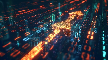 Obraz premium Upward arrow icon on digital background, binary code, glowing lights, tech growth, 3D rendering,