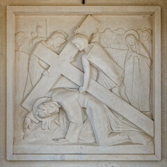 Jesus falls for the third time. Station IX of the Way of the Cross. Valinhos (Fátima), Portugal.