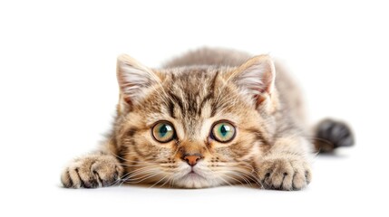 Fototapeta premium Adorable Scottish fold cat with green eyes on white background Cute kitten in home setting Advertisement for pet shop