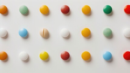 Various colored pills against white backdrop