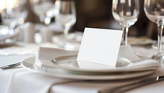 Photo of a blank place card on an elegant table setting for a wedding.