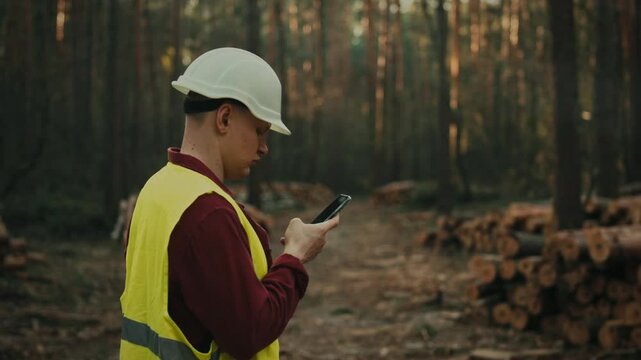 A lumberjack looks at a phone screen against a background of stacked tree trunks. Sustainable use of natural resources and processing of wood raw materials