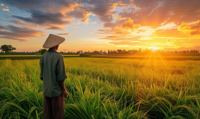 Rice, wheat and barley grains ripening in autumn rice field and field landscape and farmer and sunset field background, Generative AI