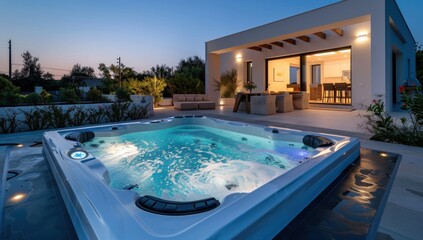 Photo of a modern and luxurious swimming pool with a jacuzzi in the center.