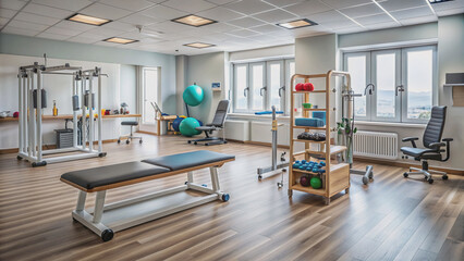 Empty physiotherapist room with rehabilitation equipment, dumbbells, and medical tools, awaiting senior patient's physical therapy session for injury recovery and fitness improvement.