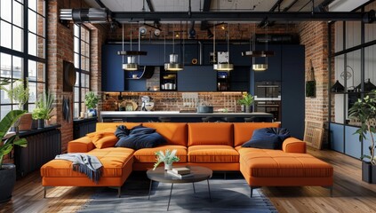 A bold orange sofa in the center of an industrial-style living room.