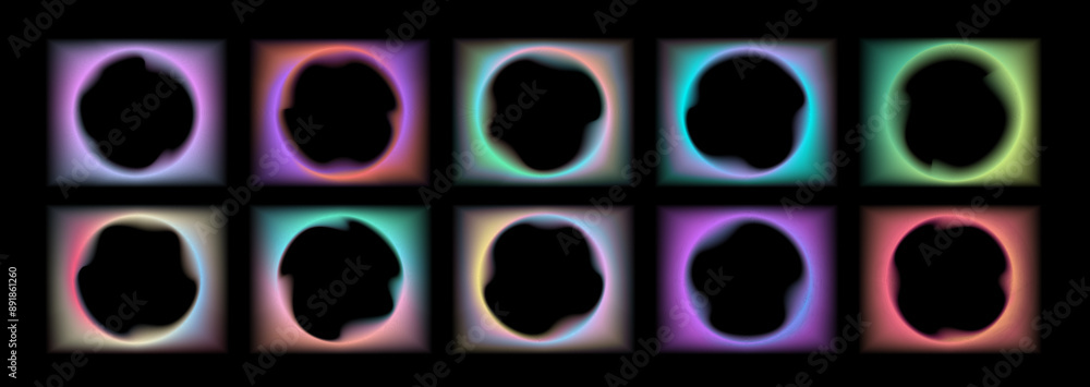 Poster collection of transparent rectangular gradient frames with wavy oval inner borders. set of retro fra