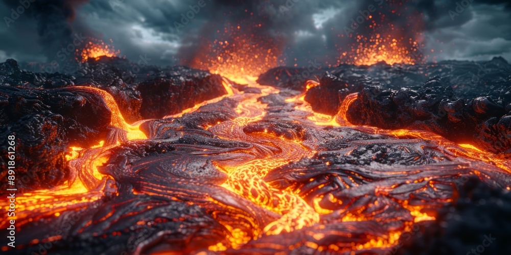 Poster molten lava flows down a volcano, creating a fiery river with mesmerizing textures