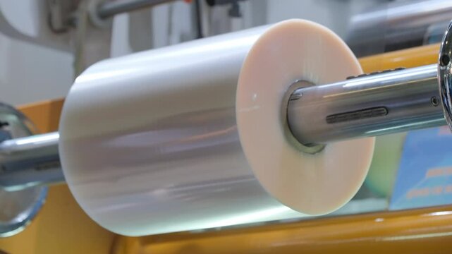 Automatic polyethylene plastic bag production machine with lighting effect. Close-up of the roller of the plastic bag production machine in the light. product packaging concept