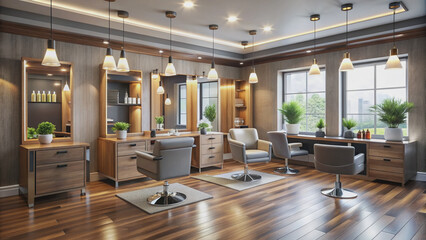 Elegant beauty salon interior with hairstyling tools and equipment, stylish furniture, and modern decorations, awaiting a client for a premium hairstyle experience.