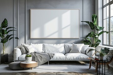 Blank picture frame mockup on white wall. White living room design. View of modern scandinavian style interior with chair. Horizontal template for artwork, painting, photo or, Generative AI