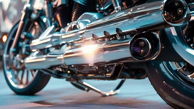 A closeup of a motorcycles exhaust pipe with a vibrant and eyecatching chrome finish and a small logo subtly engraved near the opening.
