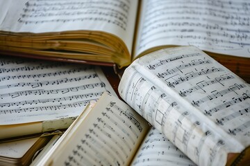 A stack of music theory books and composition notebooks, celebrating the art of musical expression and creativity.