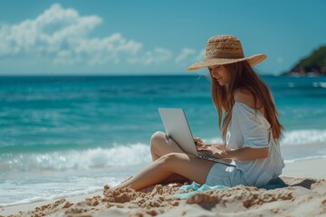 Young woman using laptop computer at home. Blank empty white screen mock up. Freelance, student lifestyle, education, web conference, video call, technology and online shopping, Generative AI