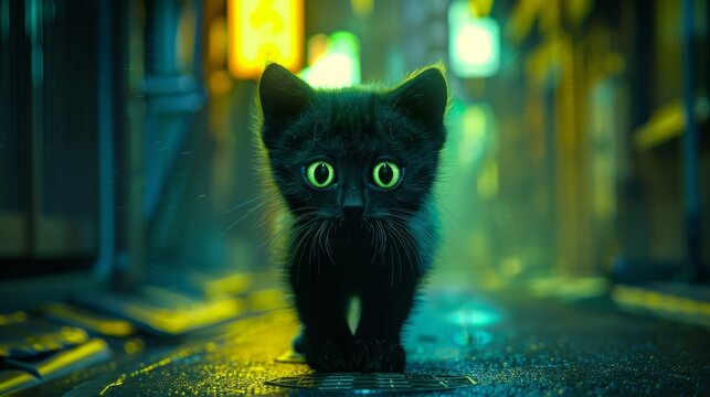 black cat with piercing green eyes stands on a city street at night, bathed in the glow of neon lights.