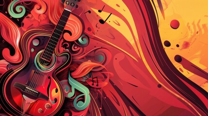 Fototapeta premium World Music Day. Guitar on a red and yellow background. Horizontal banner. Free space for text, copy space. Art, creativity, rhythm, melody