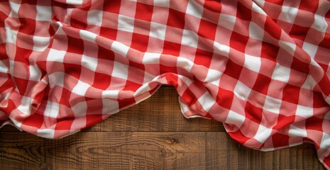 Obraz premium Red and white checkered tablecloth on a wooden background with copy space, in a top view.