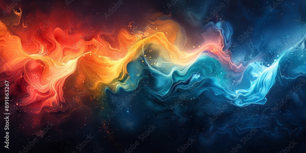 Poster abstract painting with a harmonious blend of cool and warm tones, creating a balanced and visually p