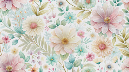 Whimsical abstract flowers in soft, pastel hues create a delicate, elegant pattern on a pristine white background, perfect for textiles and home decor applications.