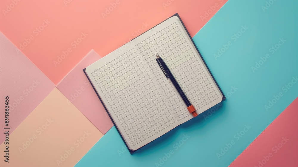 Poster notebook mockup for learning spelling with pen top view